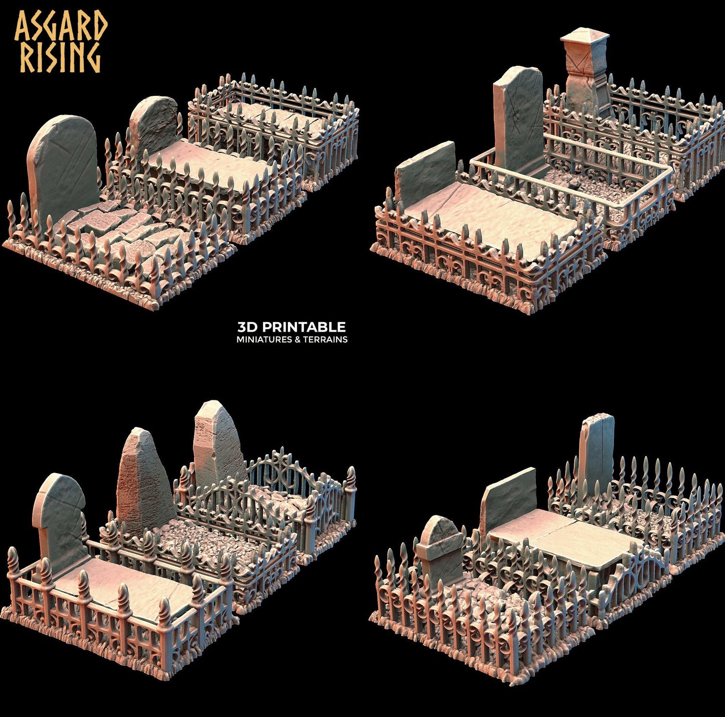3D Printed Asgard Rising Cemetery Graves with Fence Set 28mm-32mm Ragnarok D&D - 3D Printing Boss 