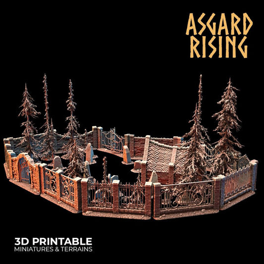 3D Printed Asgard Rising Cemetery Stone Wall Fence Set 28mm-32mm Ragnarok D&D - 3D Printing Boss 