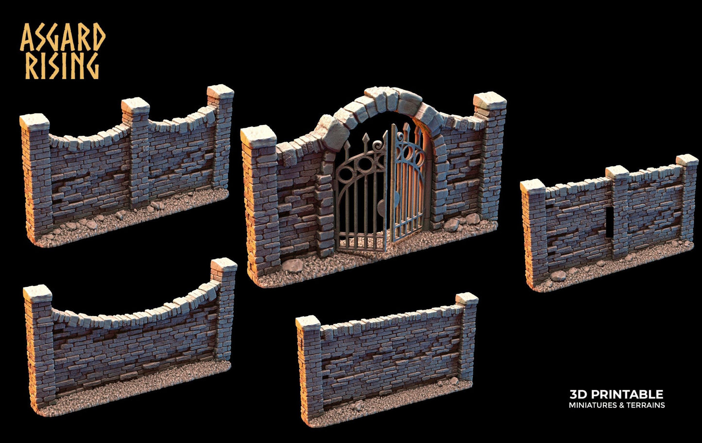 3D Printed Asgard Rising Cemetery Stone Wall Fence Set 28mm-32mm Ragnarok D&D - 3D Printing Boss 