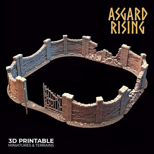 3D Printed Asgard Rising Cemetery Stone Wall Gate Set A 28mm-32mm Ragnarok D&D - 3D Printing Boss 