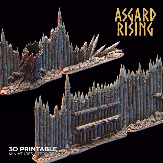 3D Printed Asgard Rising Fortified Village - Palisade Wall Modular Set 28mm - 32mm Ragnarok D&D - 3D Printing Boss 