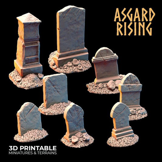 3D Printed Asgard Rising Gravestone and Tombstone Set 28mm-32mm Ragnarok D&D - 3D Printing Boss 
