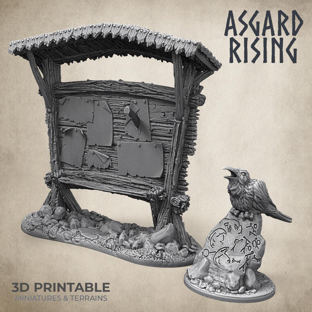 3D Printed Asgard Rising Notice Bounty Board and Rune Rock with Crow 32mm D&D - 3D Printing Boss 