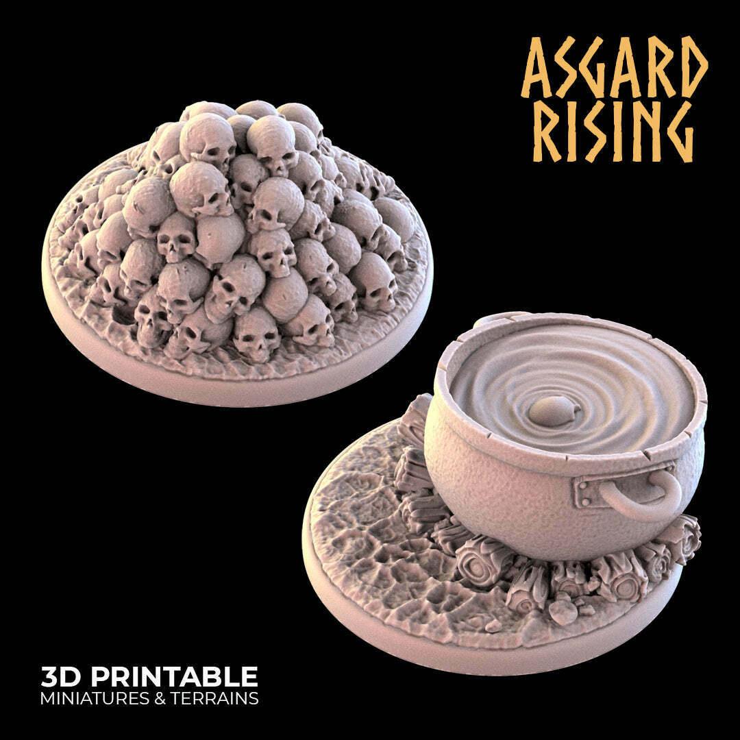 3D Printed Asgard Rising Skulls and Cauldron Camp Round Base Set 28mm - 32mm Ragnarok D&D - 3D Printing Boss 
