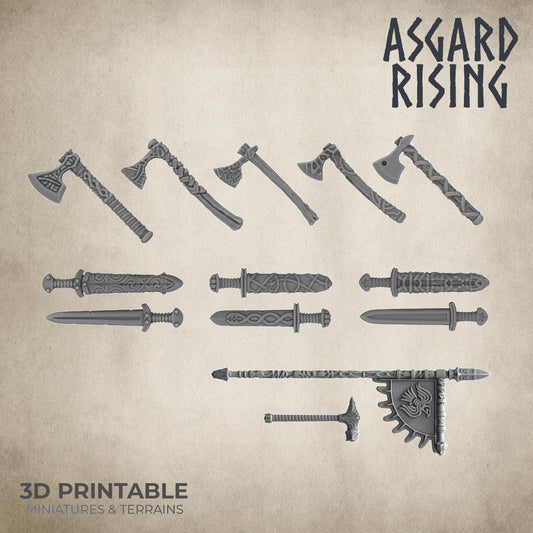 3D Printed Asgard Rising Sword and Ax Weapon Set 1 - 32mm D&D - 3D Printing Boss 