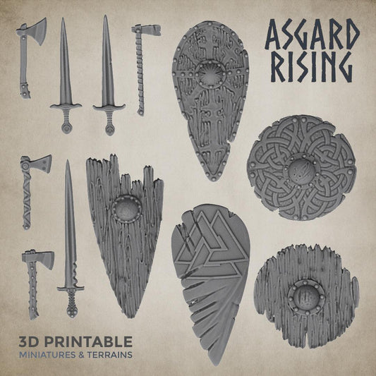 3D Printed Asgard Rising Sword and Shield Weapon Set 6 - 32mm D&D - 3D Printing Boss 