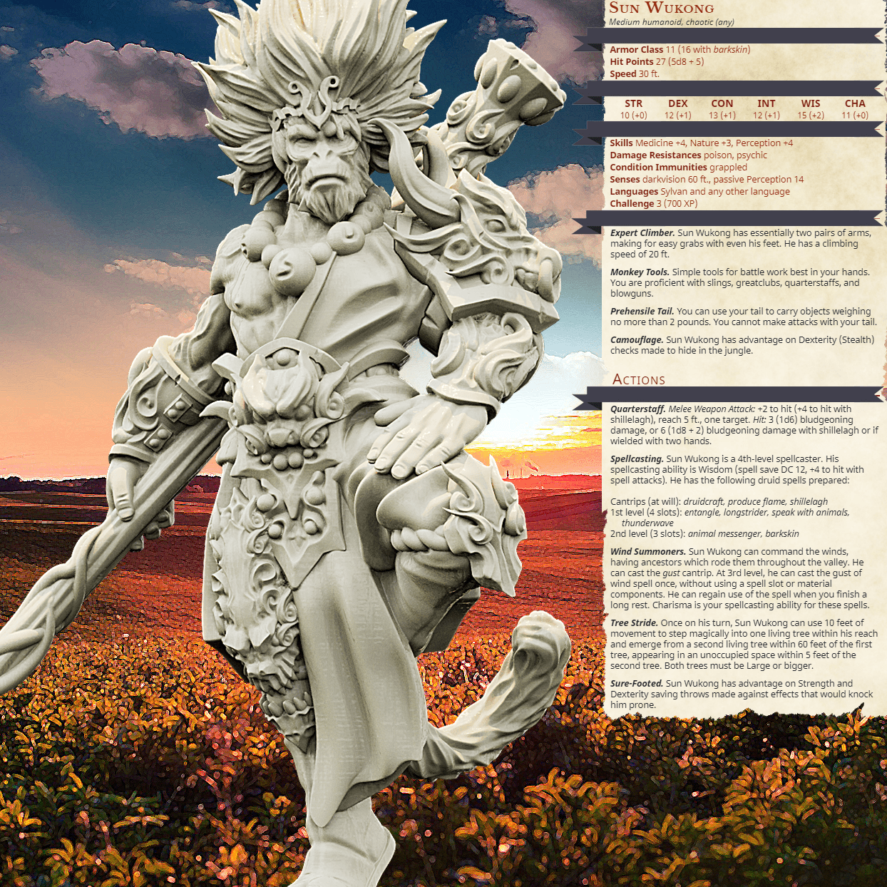 3D Printed Bestiary Vol. 4 Nafarrate - Sun Wukong Ape Warrior 32mm Ragnarok D&D - 3D Printing Boss 