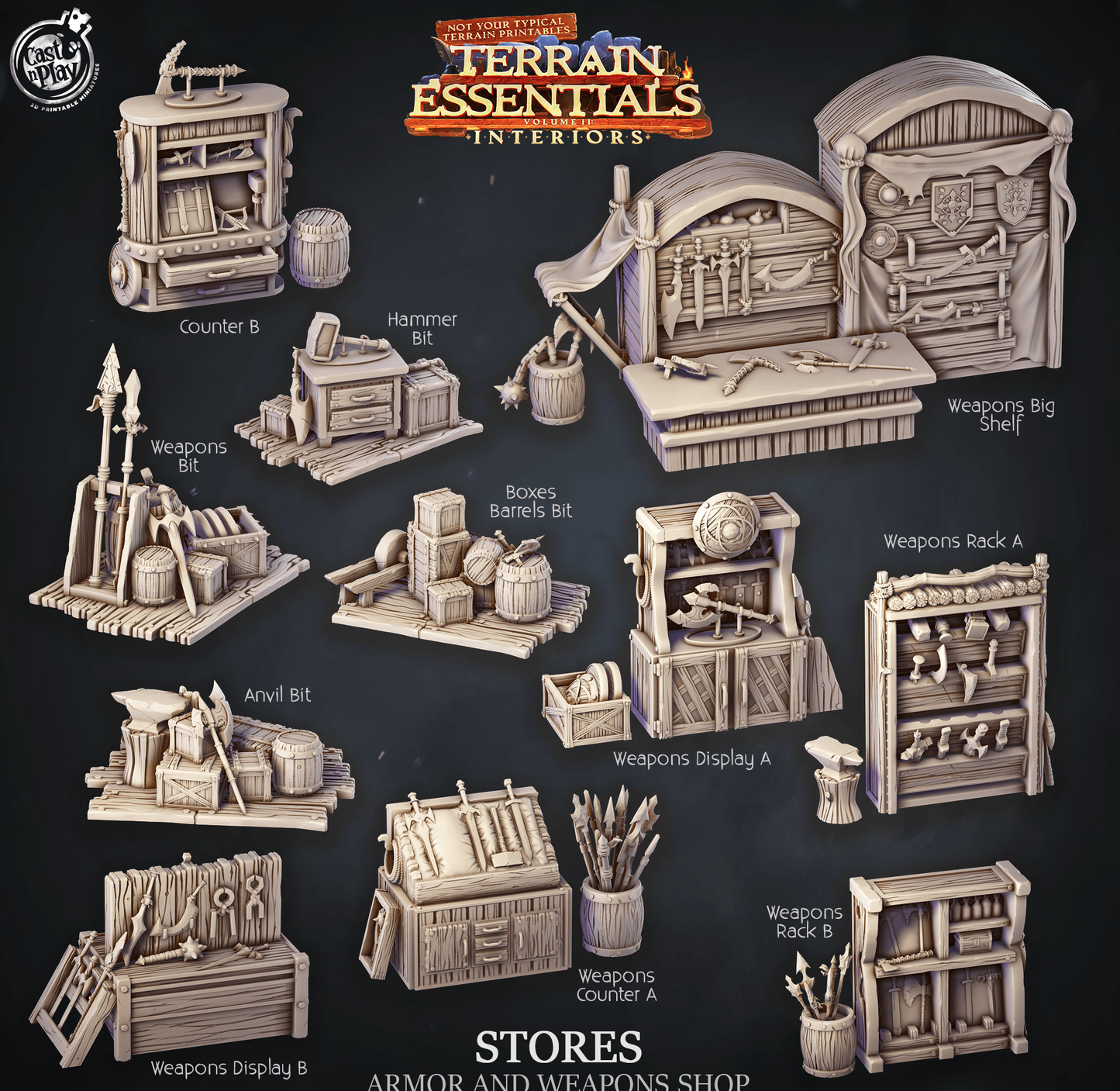 3D Printed Cast n Play Armors and Weapons Shop Terrain Essentials 28mm 32mm D&D - 3D Printing Boss 