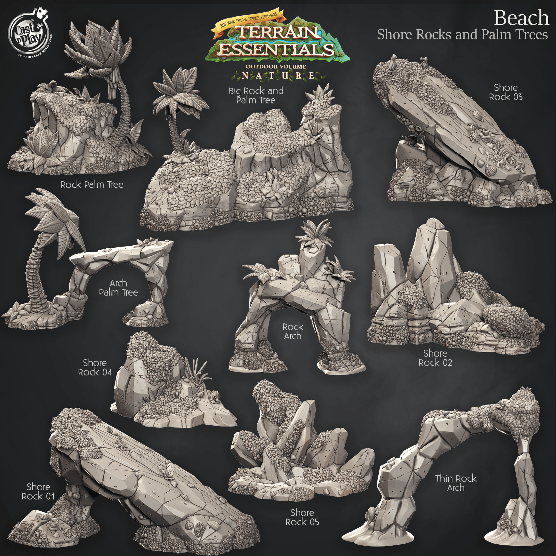3D Printed Cast n Play Beach Shore Rocks w Palm Trees Terrain Essentials Nature 28mm 32mm D&D - 3D Printing Boss 