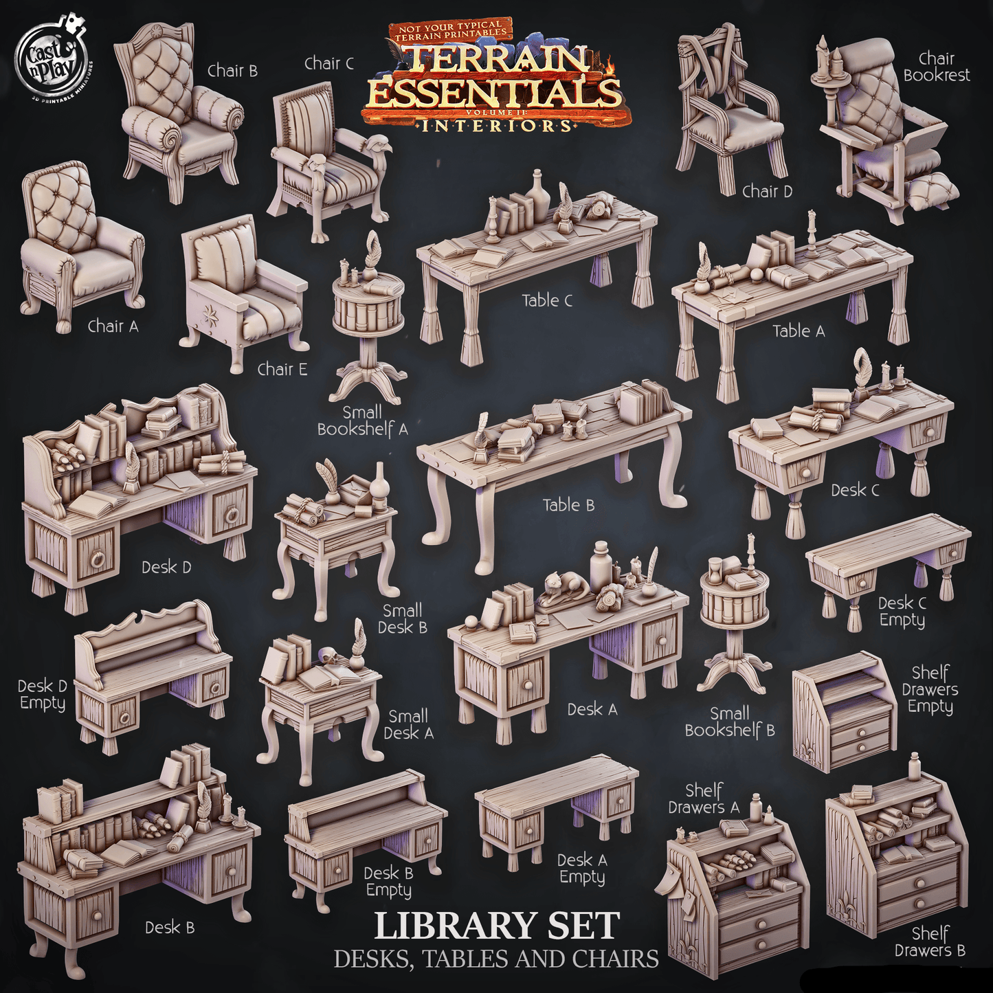 3D Printed Cast n Play Library Desks Tables and Chairs Terrain Essentials 28mm 32mm D&D - 3D Printing Boss 