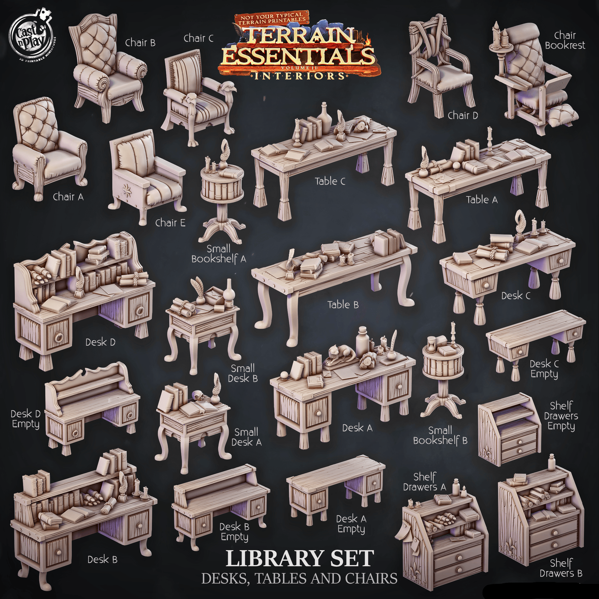 3D Printed Cast n Play Library Desks Tables and Chairs Terrain Essentials 28mm 32mm D&D - 3D Printing Boss 