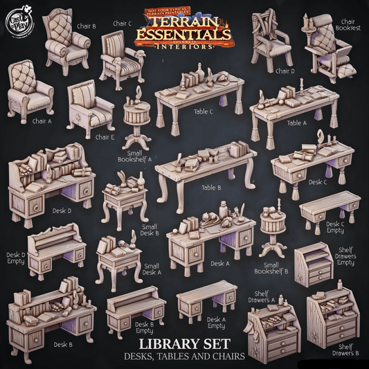 3D Printed Cast n Play Library Desks Tables and Chairs Terrain Essentials 28mm 32mm D&D - 3D Printing Boss 