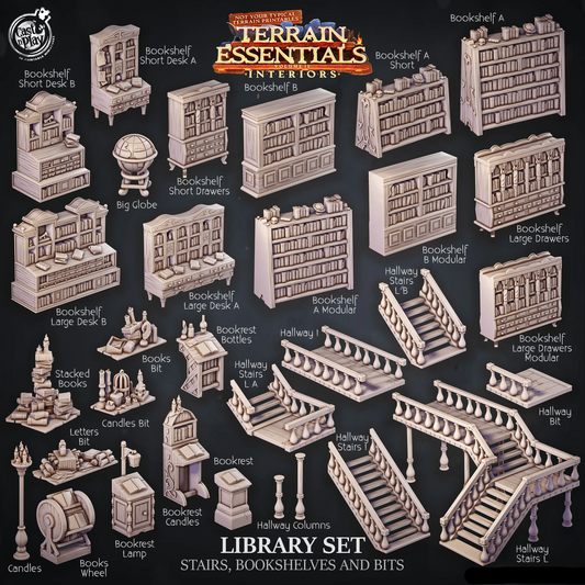 3D Printed Cast n Play Library Stairs, Bookshelves and Bits Terrain Essentials 28mm 32mm D&D - 3D Printing Boss 