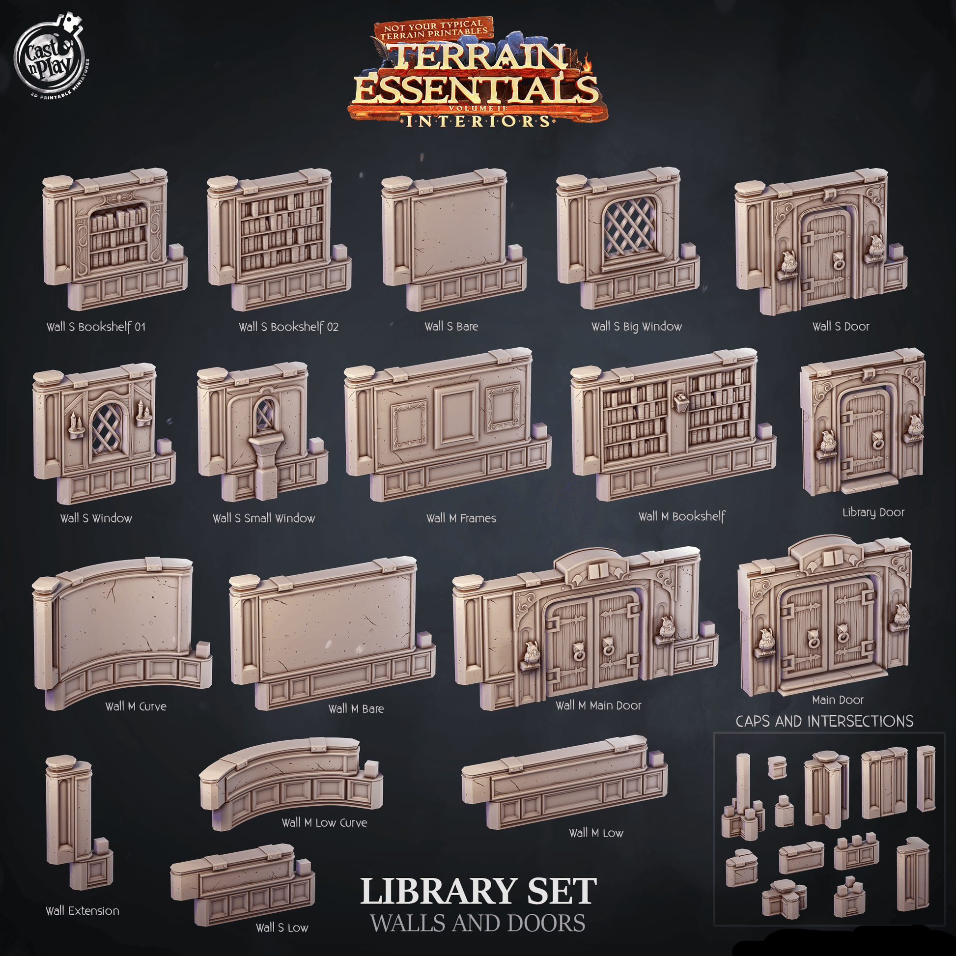 3D Printed Cast n Play Library Walls and Doors Terrain Essentials 28mm 32mm D&D - 3D Printing Boss 