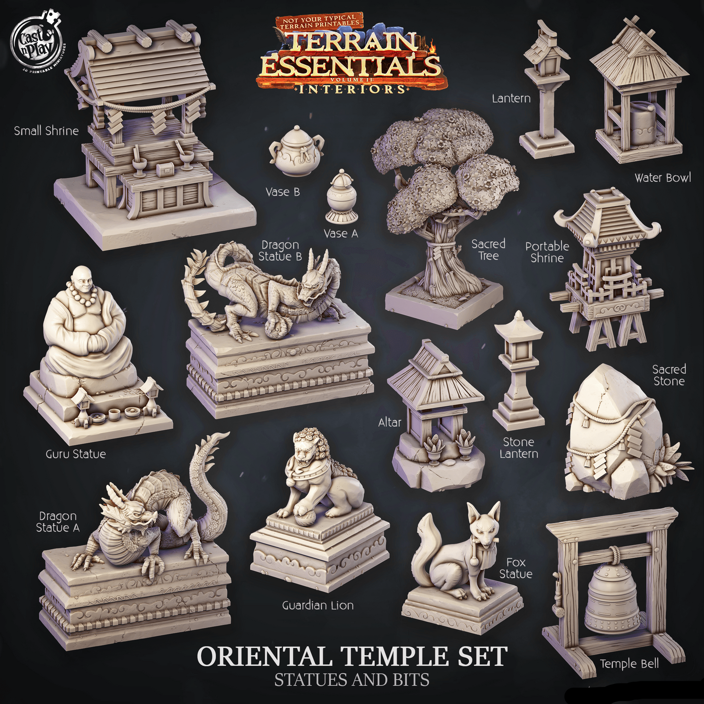 3D Printed Cast n Play Oriental Temple Statues And Bits Terrain Essentials 28mm 32mm D&D - 3D Printing Boss 