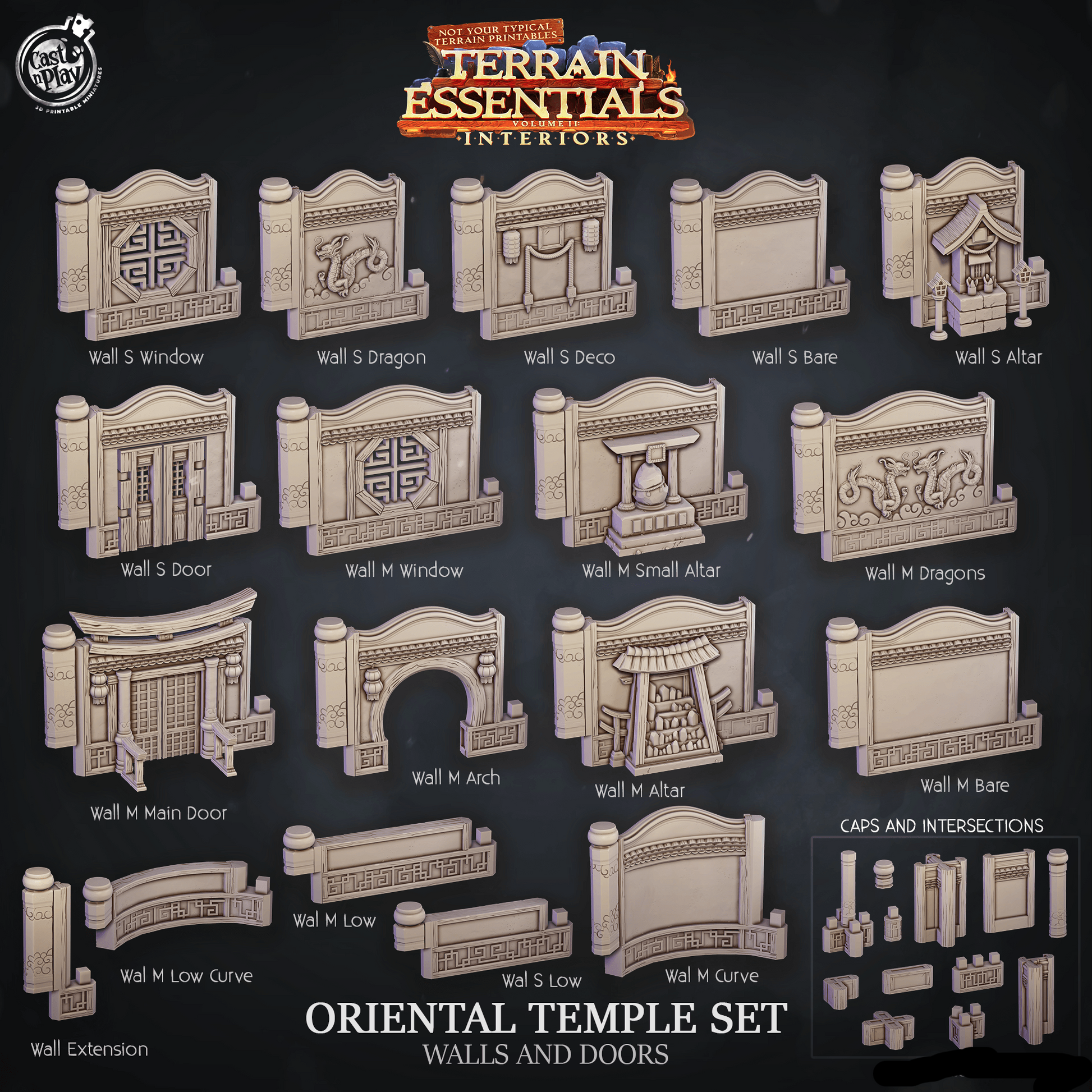 3D Printed Cast n Play Oriental Temple Walls and Doors Terrain Essentials 28mm 32mm D&D - 3D Printing Boss 