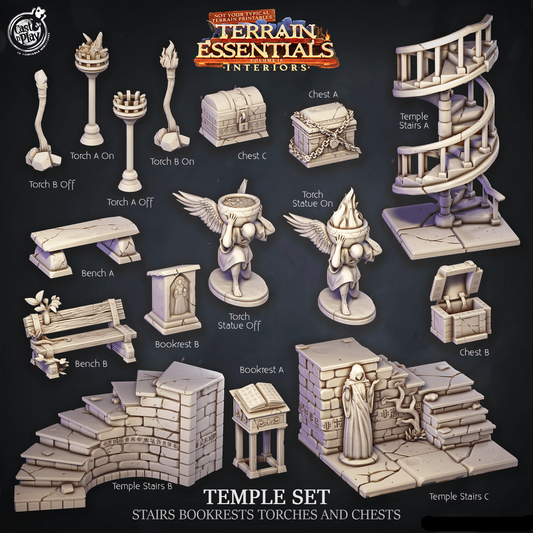 3D Printed Cast n Play Temple Stairs, Bookrests, Torches and Chests Terrain Essentials 28mm 32mm D&D - 3D Printing Boss 