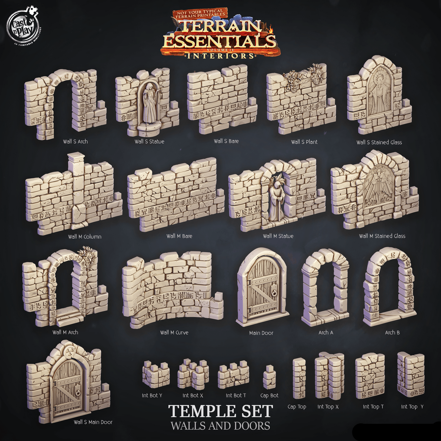 3D Printed Cast n Play Temple Walls and Doors Terrain Essentials 28mm 32mm D&D - 3D Printing Boss 