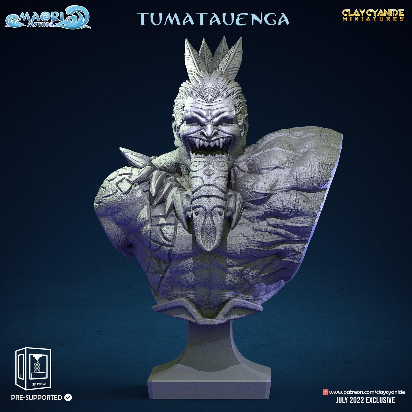 3D Printed Clay Cyanide Tumatauenga Bust Maori Mythos  Ragnarok D&D - 3D Printing Boss 