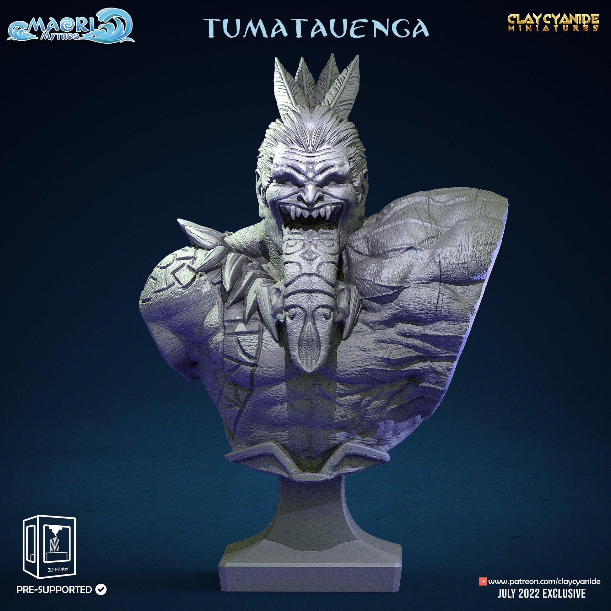 3D Printed Clay Cyanide Tumatauenga Bust Maori Mythos  Ragnarok D&D - 3D Printing Boss 