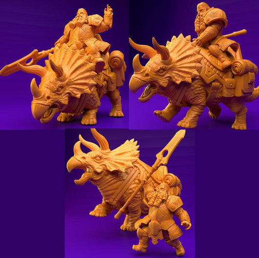 3D Printed Dwarf’s Army Nafarrate - Dwarf Triceratops Rider Set 28mm 32mm Ragnarok D&D - 3D Printing Boss 