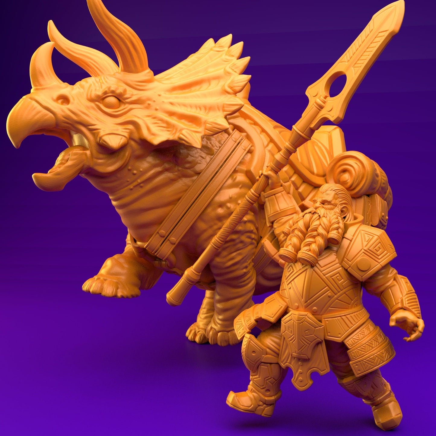 3D Printed Dwarf’s Army Nafarrate - Dwarf Triceratops Rider Set 28mm 32mm Ragnarok D&D - 3D Printing Boss 