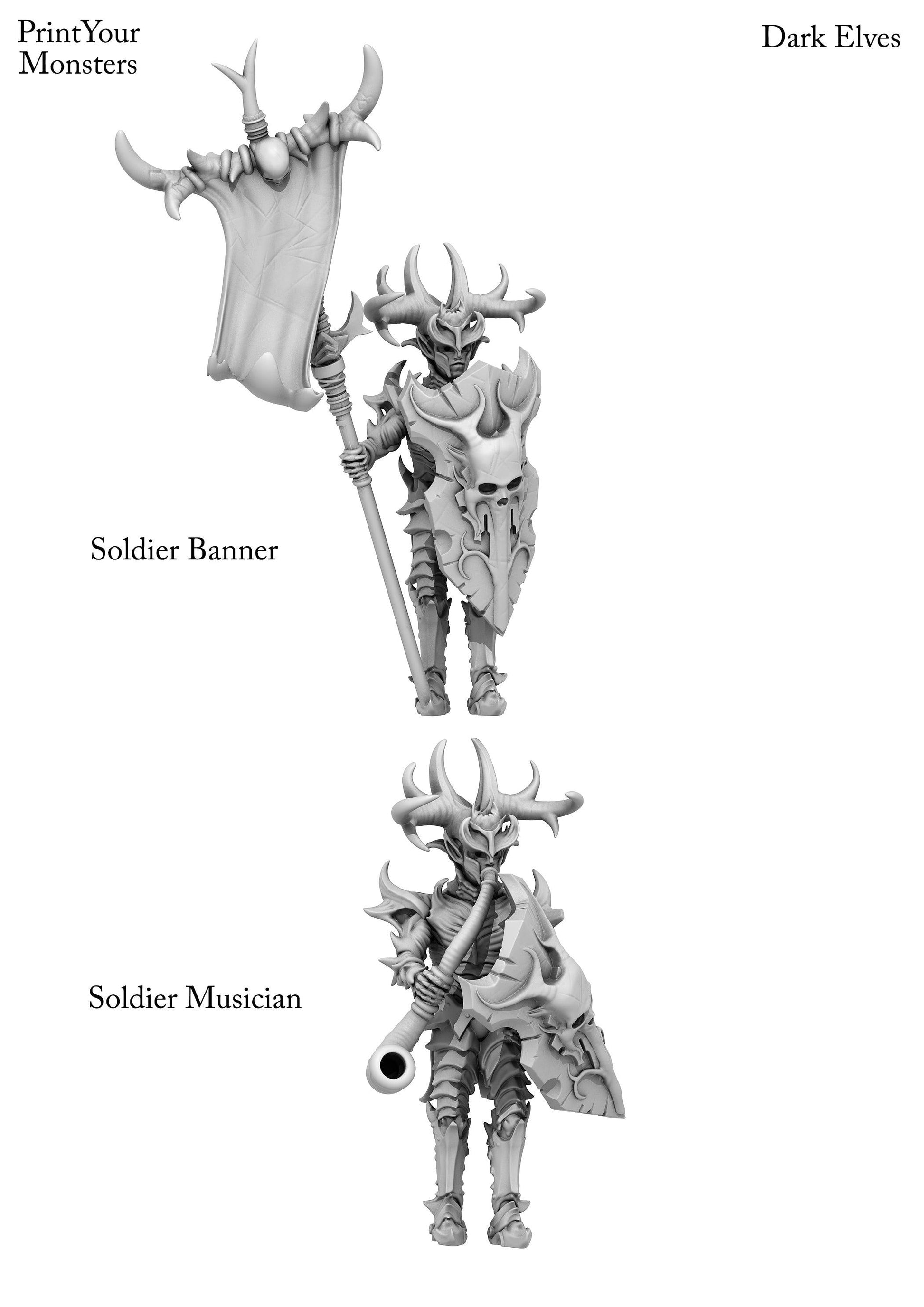 3D Printed Print Your Monsters Dark Elves Banner and Musician Set 28mm - 32mm D&D Wargaming - 3D Printing Boss 
