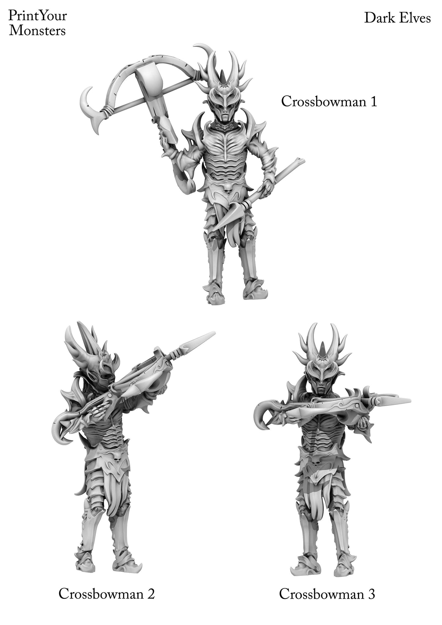 3D Printed Print Your Monsters Dark Elves Crossbowman Set 28mm - 32mm D&D Wargaming - 3D Printing Boss 