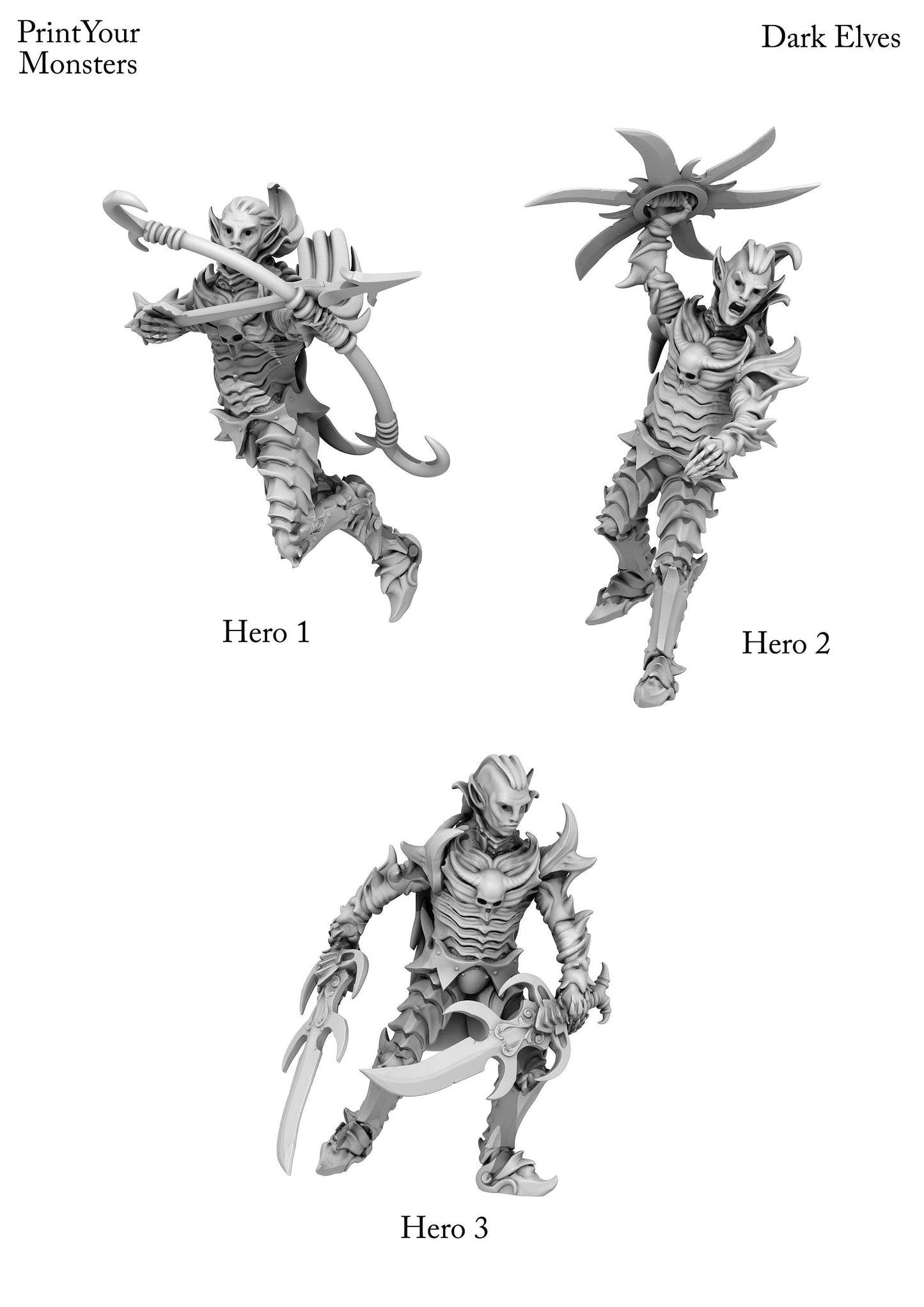 3D Printed Print Your Monsters Dark Elves Heroes Set 28mm - 32mm D&D Wargaming - 3D Printing Boss 