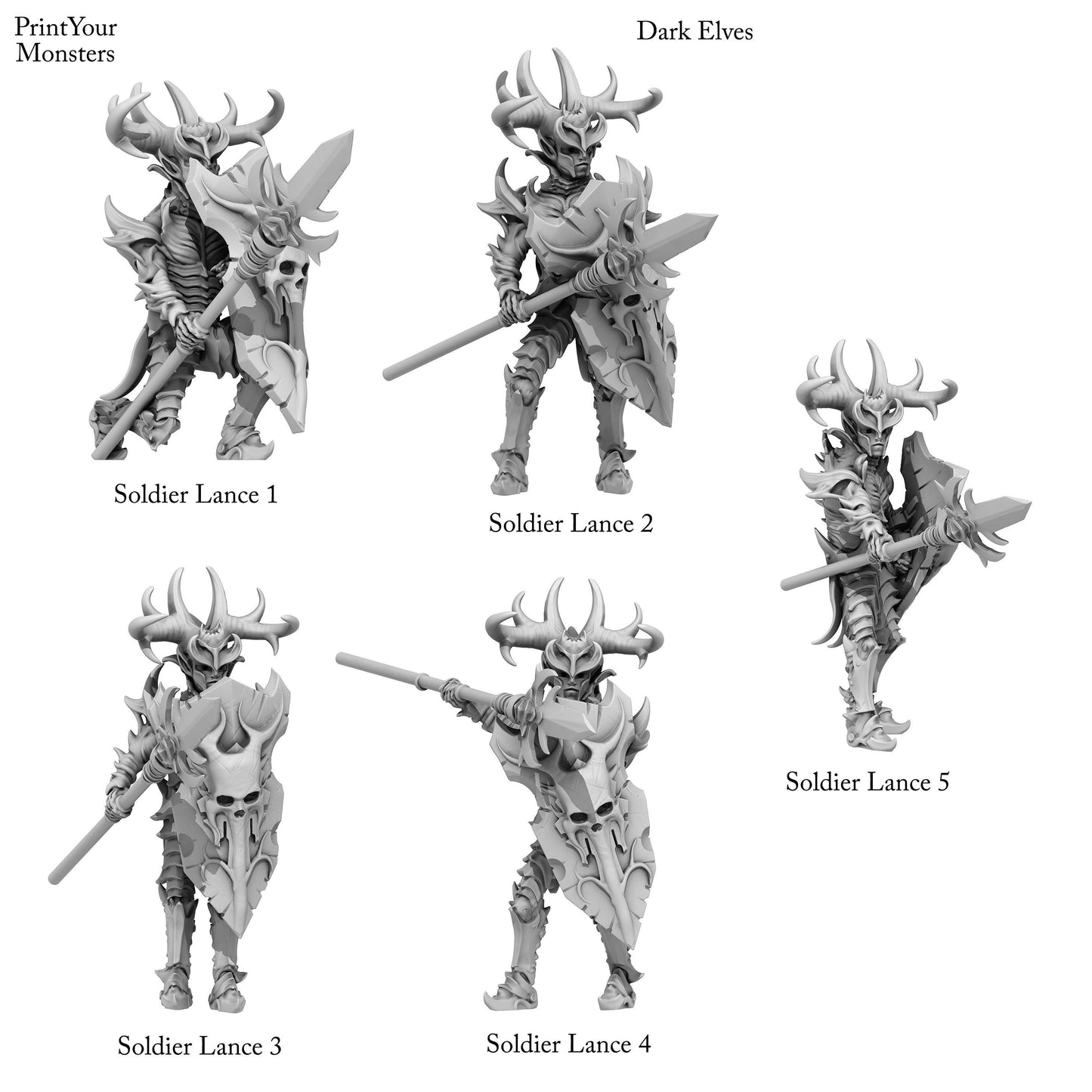 3D Printed Print Your Monsters Dark Elves Lance Soldiers Set 28mm - 32mm D&D Wargaming - 3D Printing Boss 