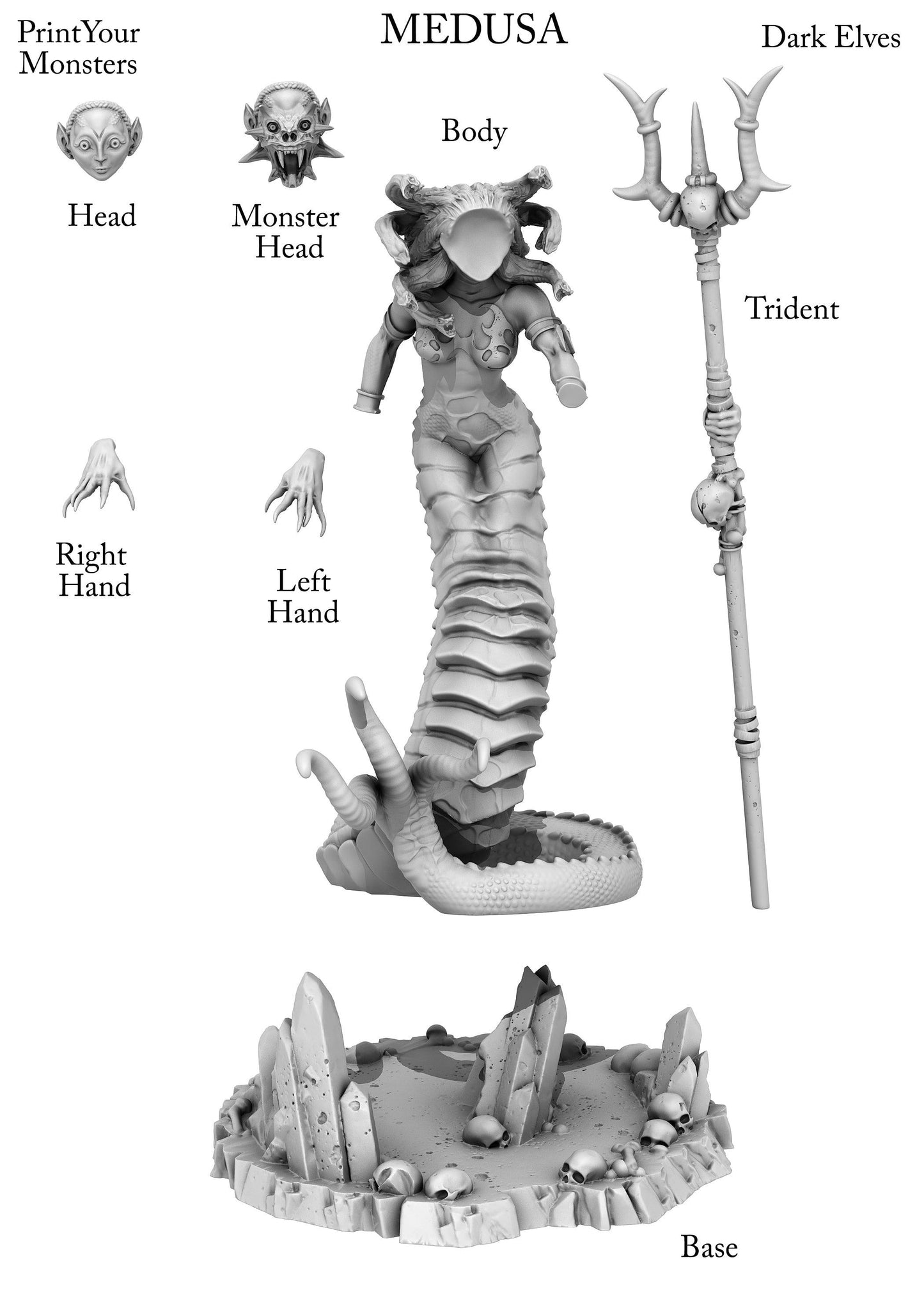 3D Printed Print Your Monsters Dark Elves Medusa 28mm - 32mm D&D Wargaming - 3D Printing Boss 