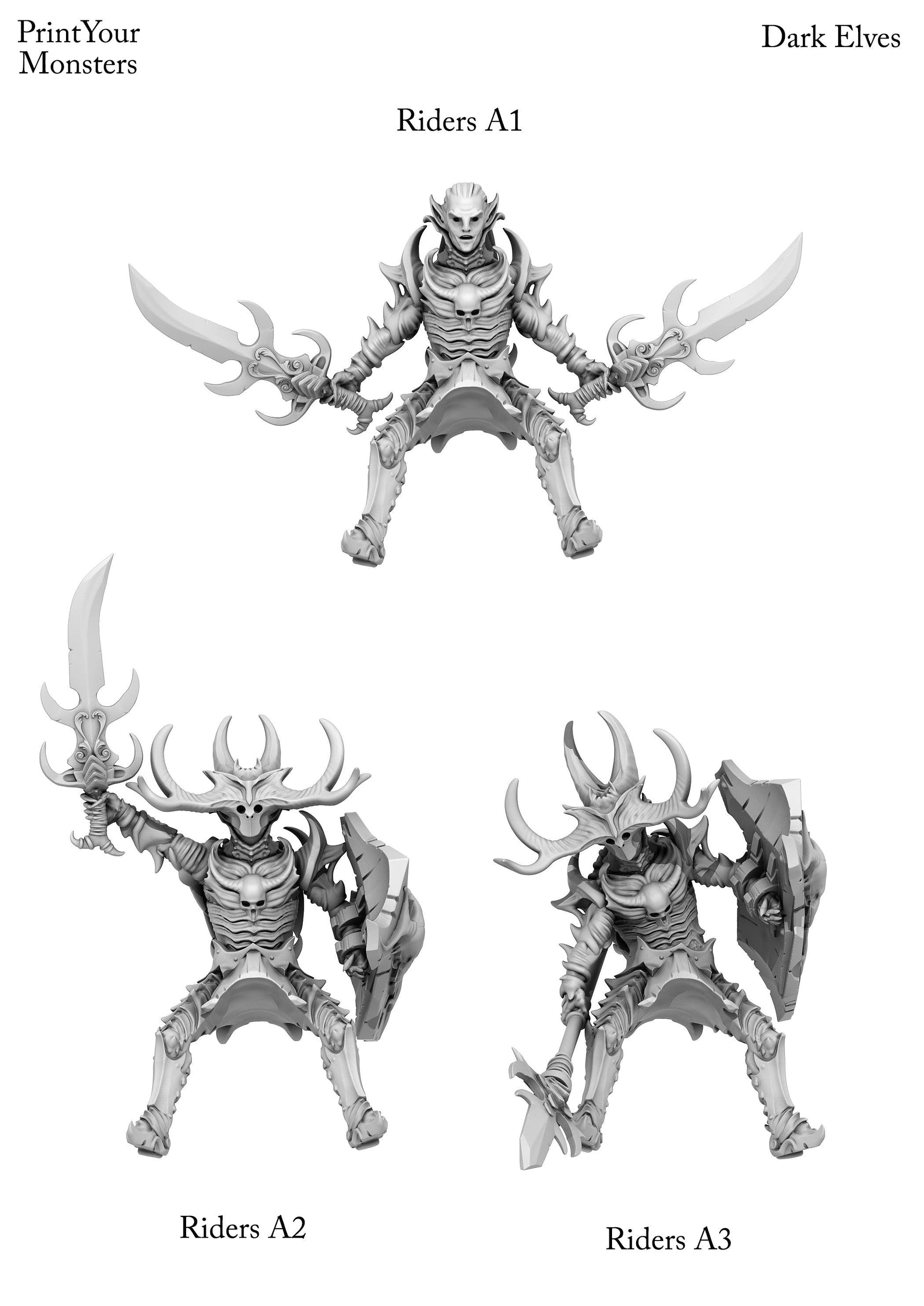 3D Printed Print Your Monsters Dark Elves Rider Set A 28mm - 32mm D&D Wargaming - 3D Printing Boss 