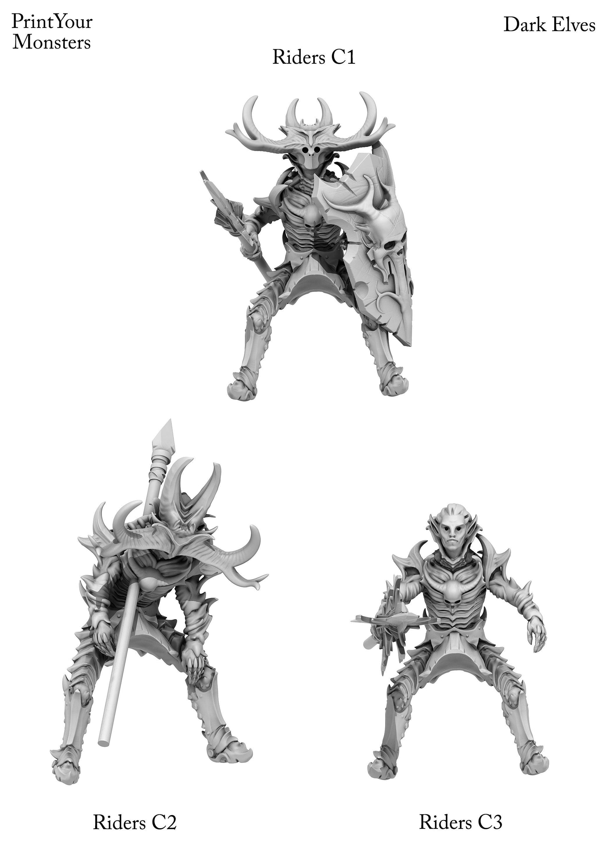 3D Printed Print Your Monsters Dark Elves Rider Set C 28mm - 32mm D&D Wargaming - 3D Printing Boss 