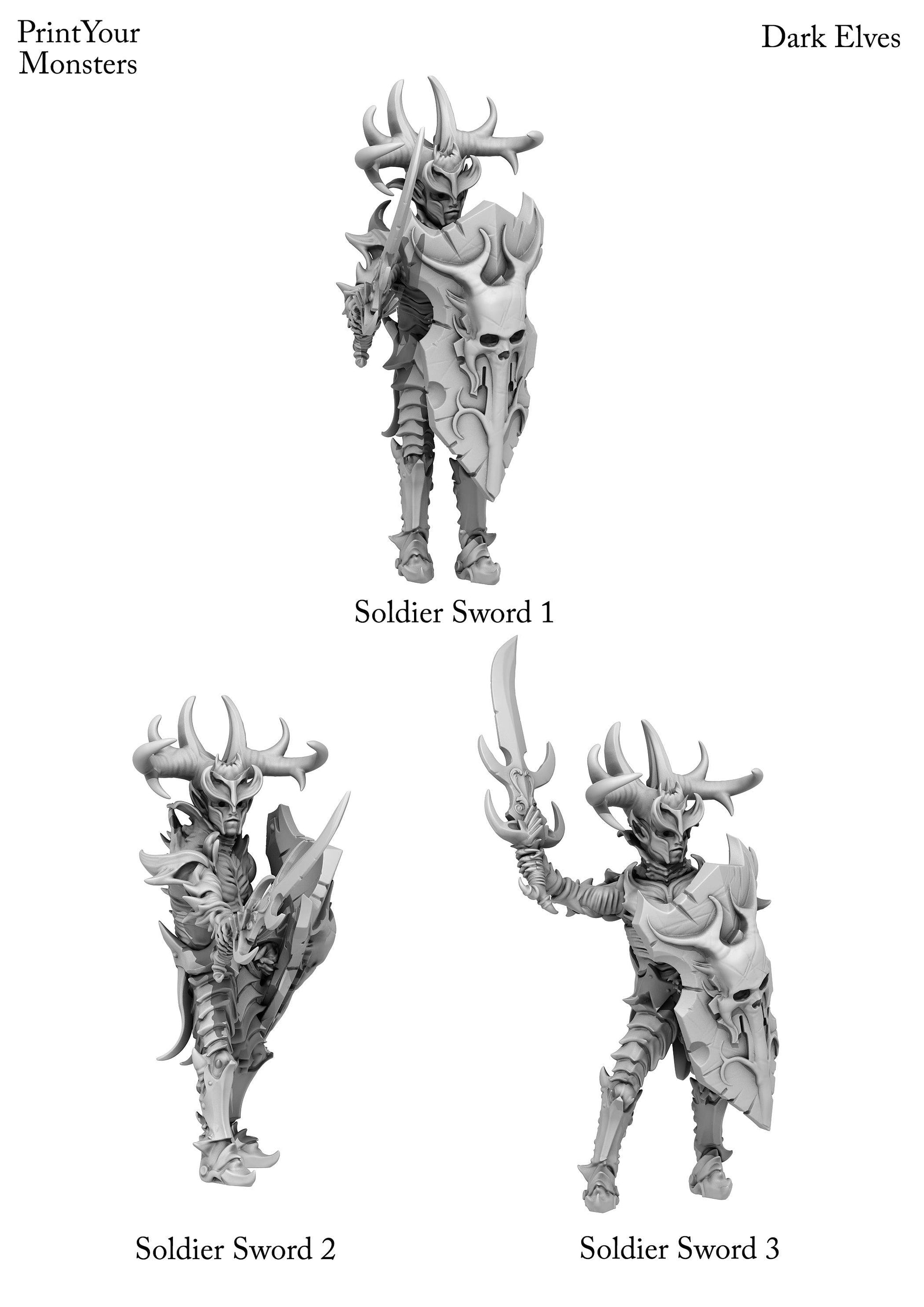 3D Printed Print Your Monsters Dark Elves Sword Soldiers Set 28mm - 32mm D&D Wargaming - 3D Printing Boss 