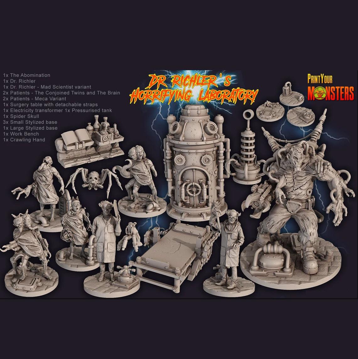 3D Printed Print Your Monsters Dr. Richler Horrifying Laboratory Full Set 28mm - 32mm D&D Wargaming - 3D Printing Boss 