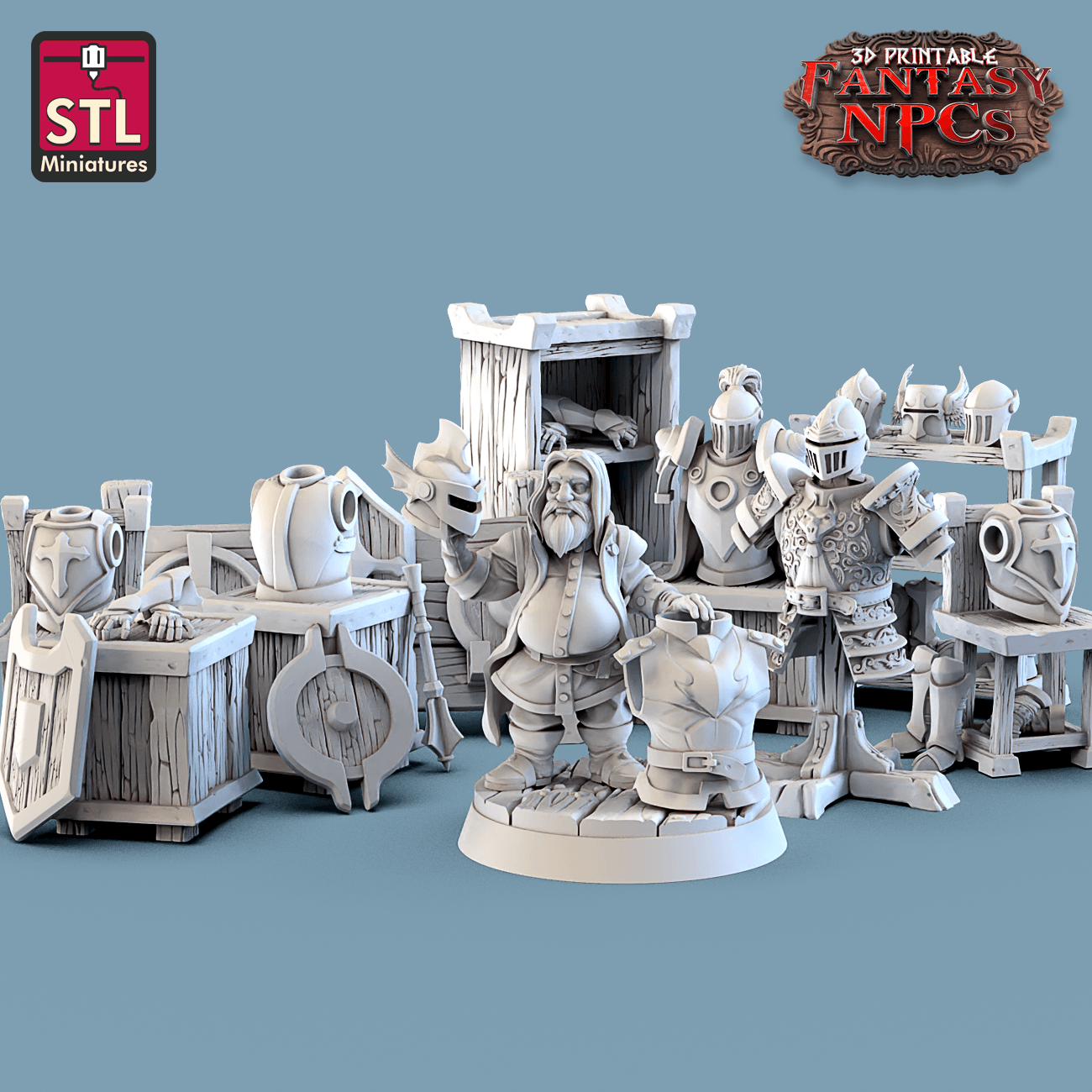 3D Printed STL Miniatures Armour Merchant Set Fantasy NPC 28mm - 32mm War Gaming D&D - 3D Printing Boss 