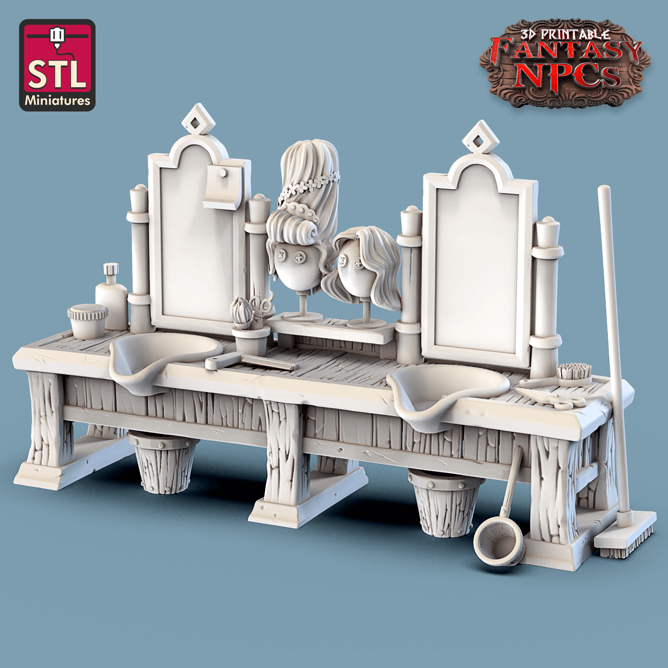 3D Printed STL Miniatures Barber Shop Set Fantasy NPC 28mm - 32mm War Gaming D&D - 3D Printing Boss 