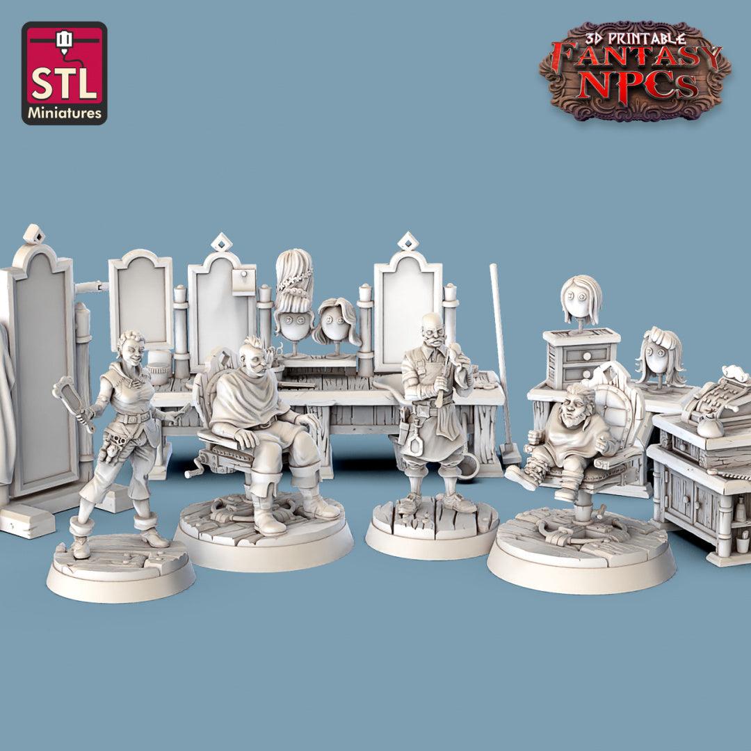3D Printed STL Miniatures Barber Shop Set Fantasy NPC 28mm - 32mm War Gaming D&D - 3D Printing Boss 
