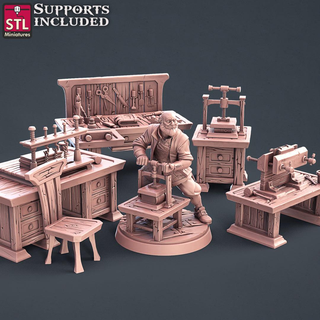 3D Printed STL Miniatures Bookbinder Set 28mm - 32mm War Gaming D&D - 3D Printing Boss 