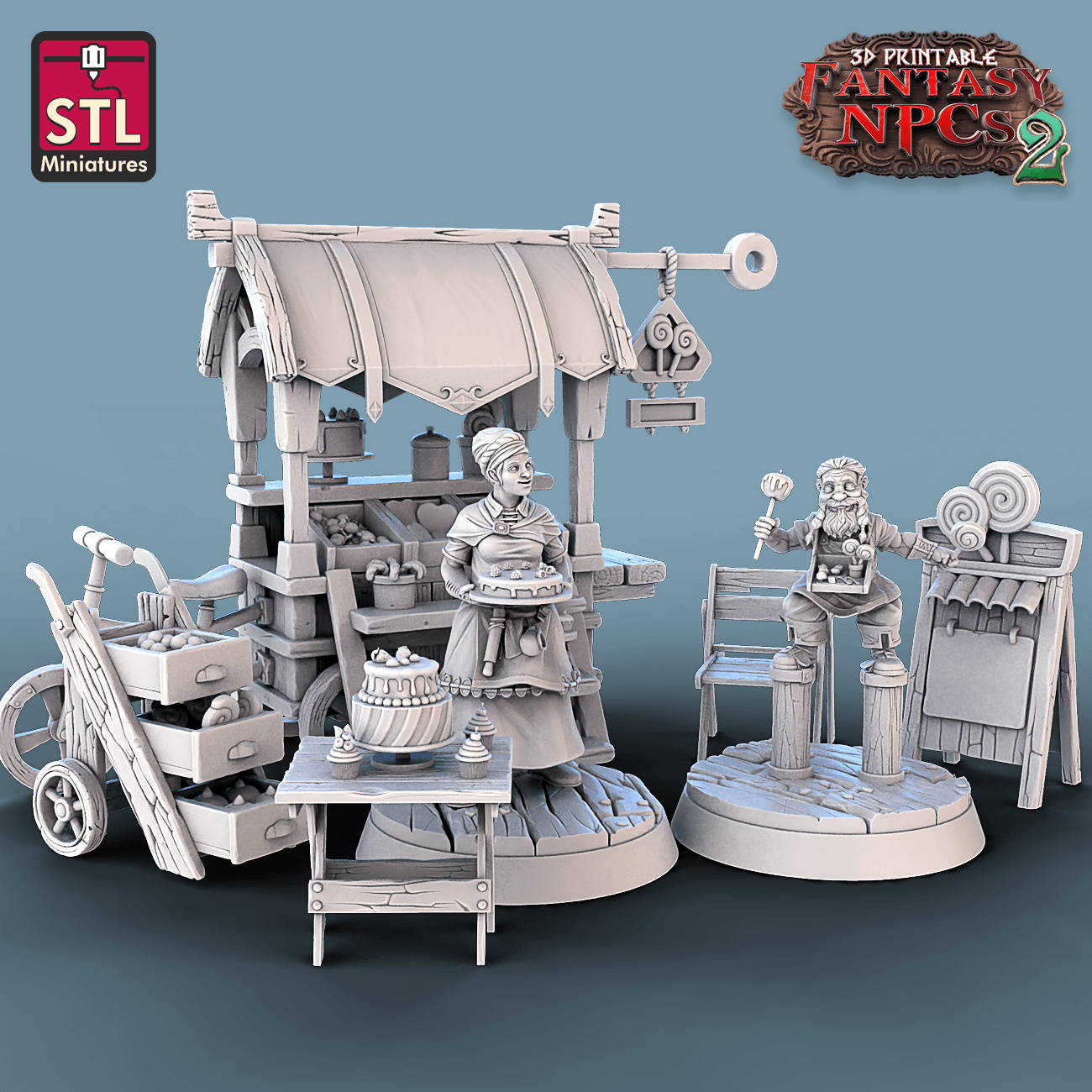 3D Printed STL Miniatures Candy Seller Set Fantasy NPC 2 | 28 - 32mm War Gaming D&D - 3D Printing Boss 