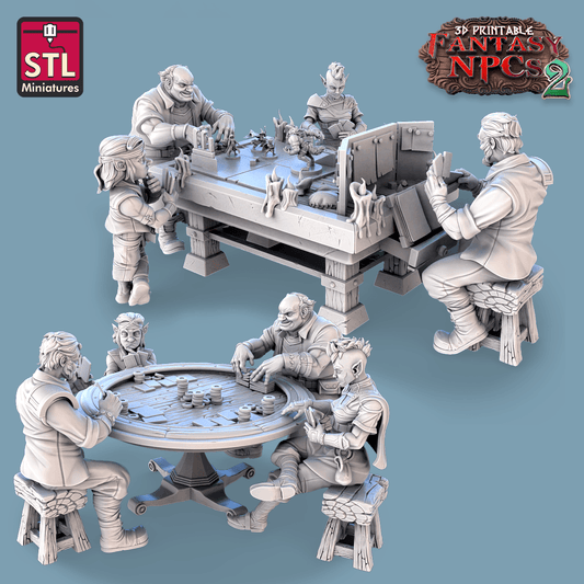 3D Printed STL Miniatures Card Players Set Fantasy NPC 2 | 28 - 32mm War Gaming D&D - 3D Printing Boss 