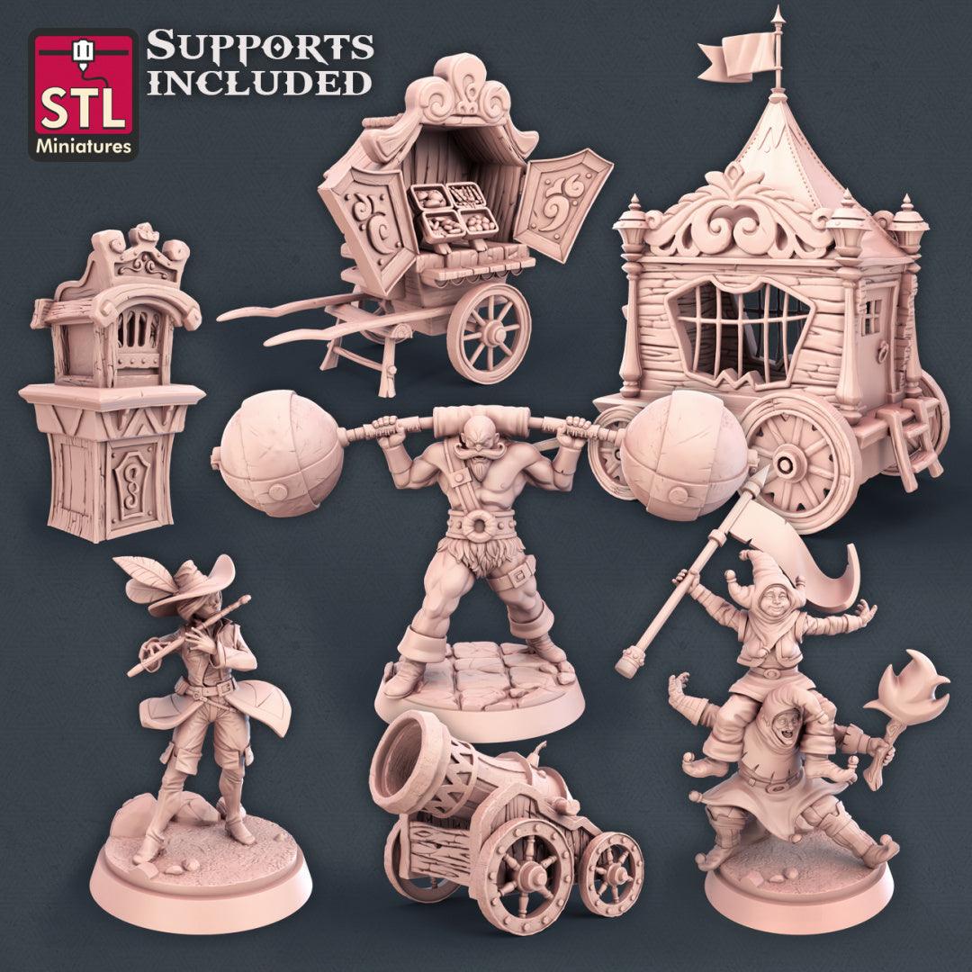 3D Printed STL Miniatures Carnival Set 28mm - 32mm War Gaming D&D - 3D Printing Boss 