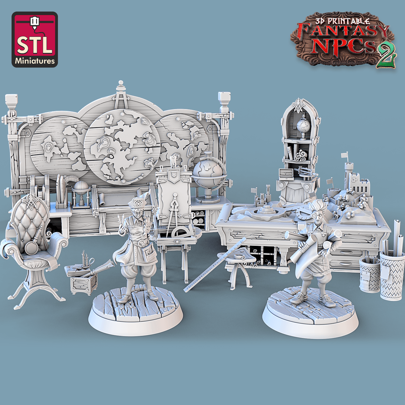 3D Printed STL Miniatures Cartographers Set Fantasy NPC 2 | 28 - 32mm War Gaming D&D - 3D Printing Boss 