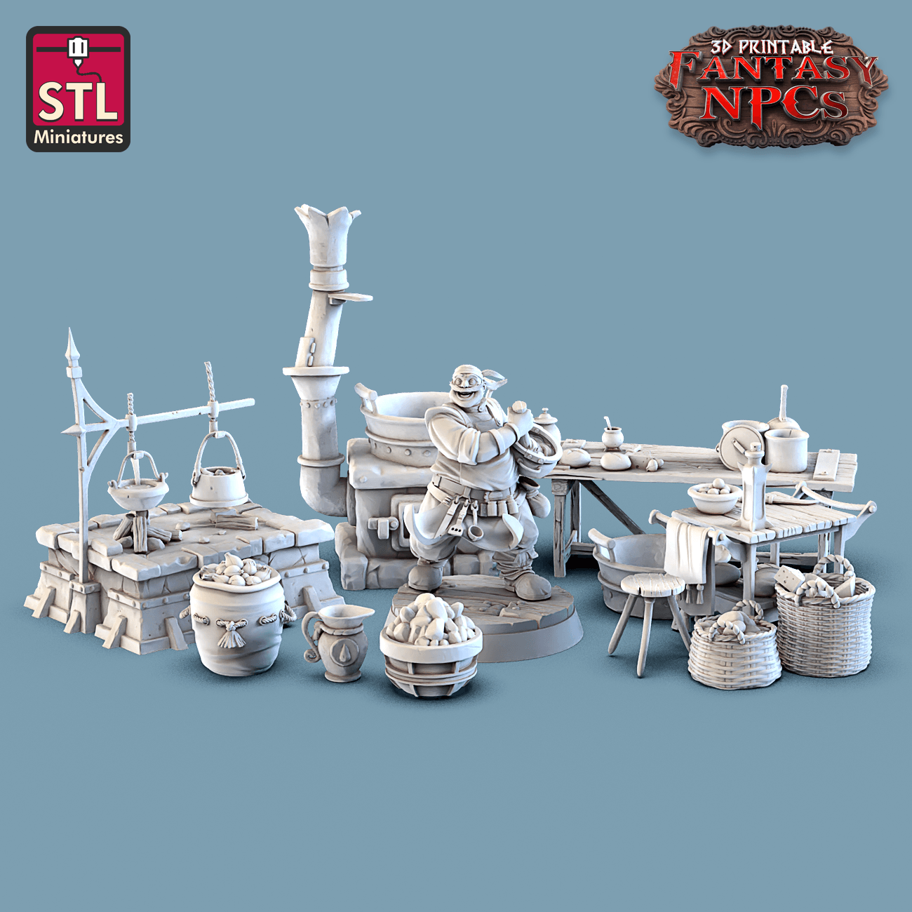3D Printed STL Miniatures Cook Set Fantasy NPC 28mm - 32mm War Gaming D&D - 3D Printing Boss 