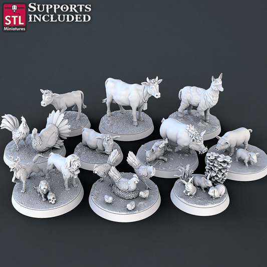 3D Printed STL Miniatures Farm Animals Set | 28 - 32mm War Gaming D&D - 3D Printing Boss 