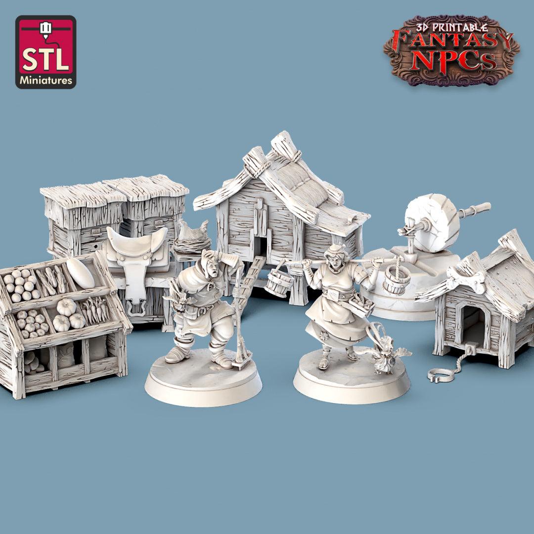 3D Printed STL Miniatures Farmer Set Fantasy NPC 28mm - 32mm War Gaming D&D - 3D Printing Boss 