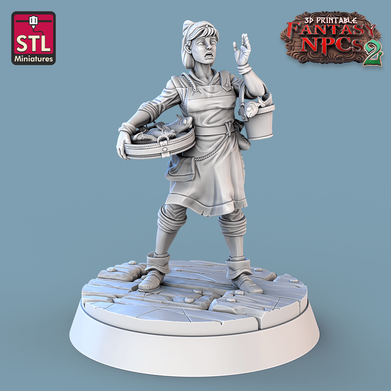 3D Printed STL Miniatures Fish Vendor Set Fantasy NPC 2 | 28 - 32mm War Gaming D&D - 3D Printing Boss 