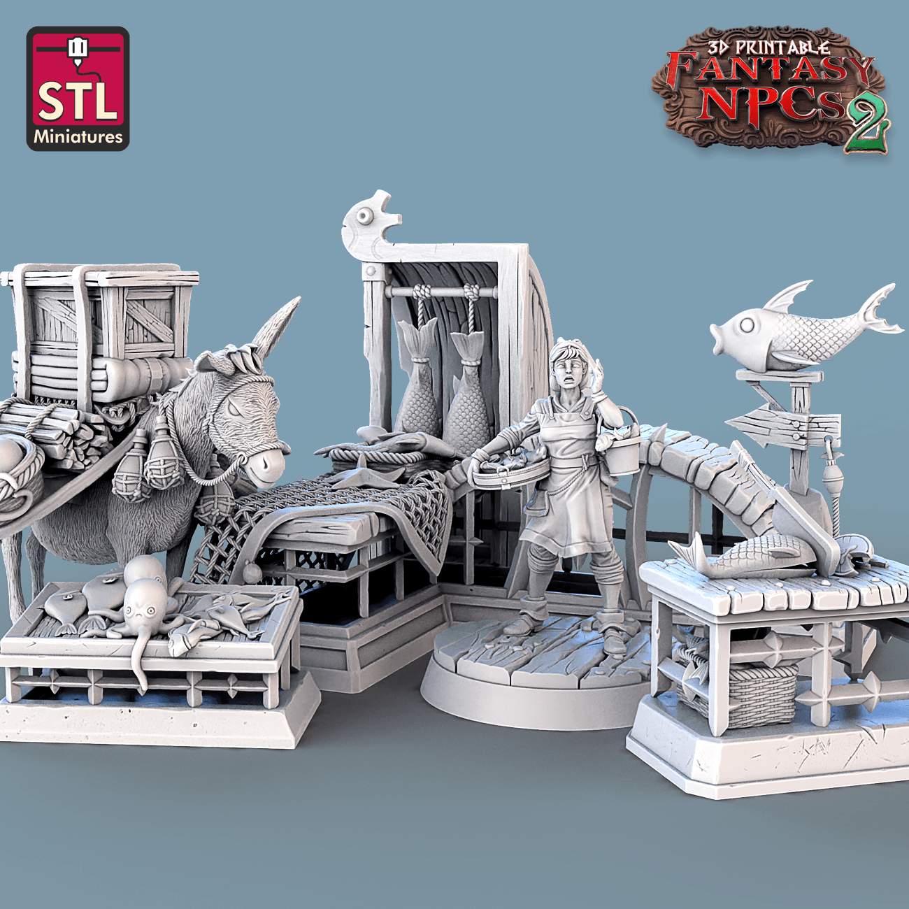 3D Printed STL Miniatures Fish Vendor Set Fantasy NPC 2 | 28 - 32mm War Gaming D&D - 3D Printing Boss 