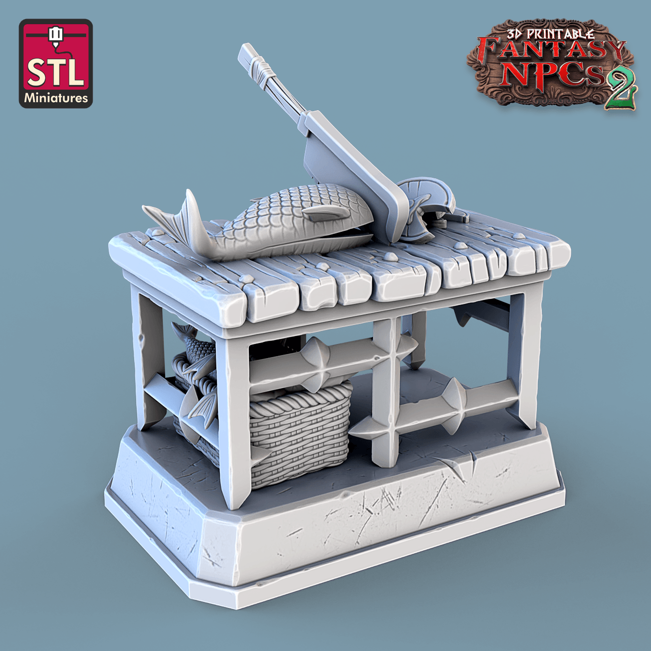 3D Printed STL Miniatures Fish Vendor Set Fantasy NPC 2 | 28 - 32mm War Gaming D&D - 3D Printing Boss 