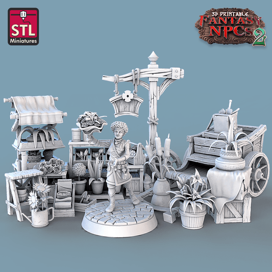 3D Printed STL Miniatures Florist Set Fantasy NPC 2 | 28 - 32mm War Gaming D&D - 3D Printing Boss 